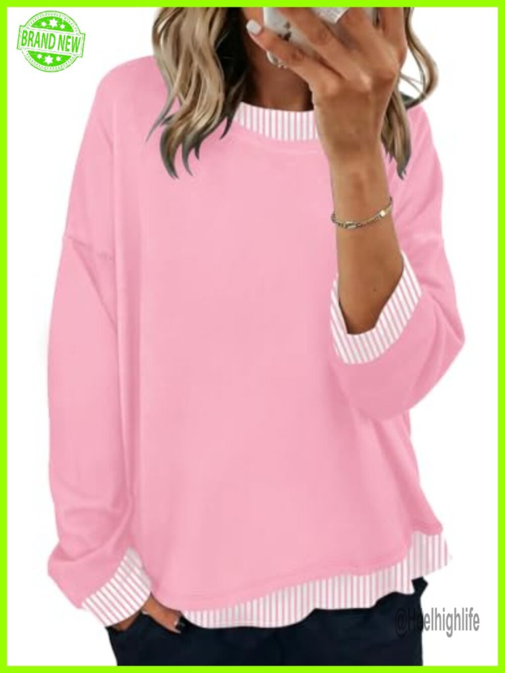 Oversized Crewneck Sweatshirt Faux Layer Striped Trim Pullover Long Sleeve